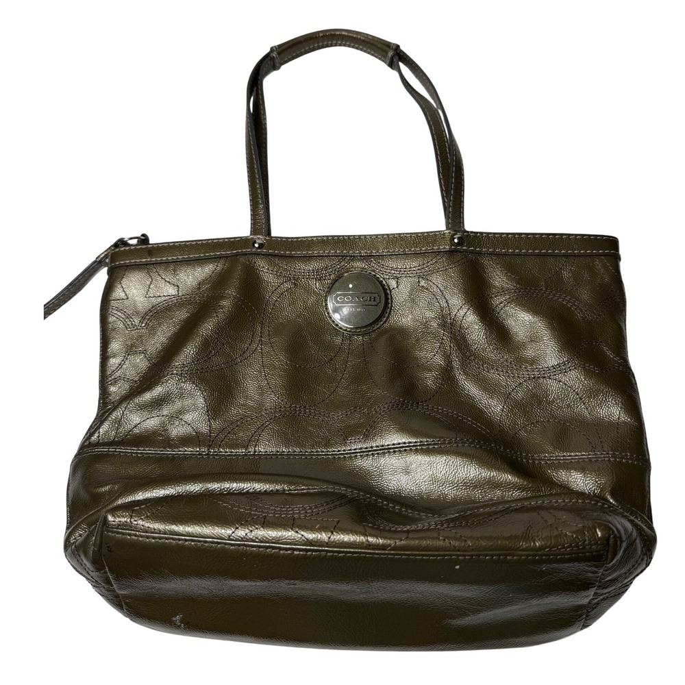 Coach 2010s Metallic Olive Green Signature Leather Tote Bag Medium